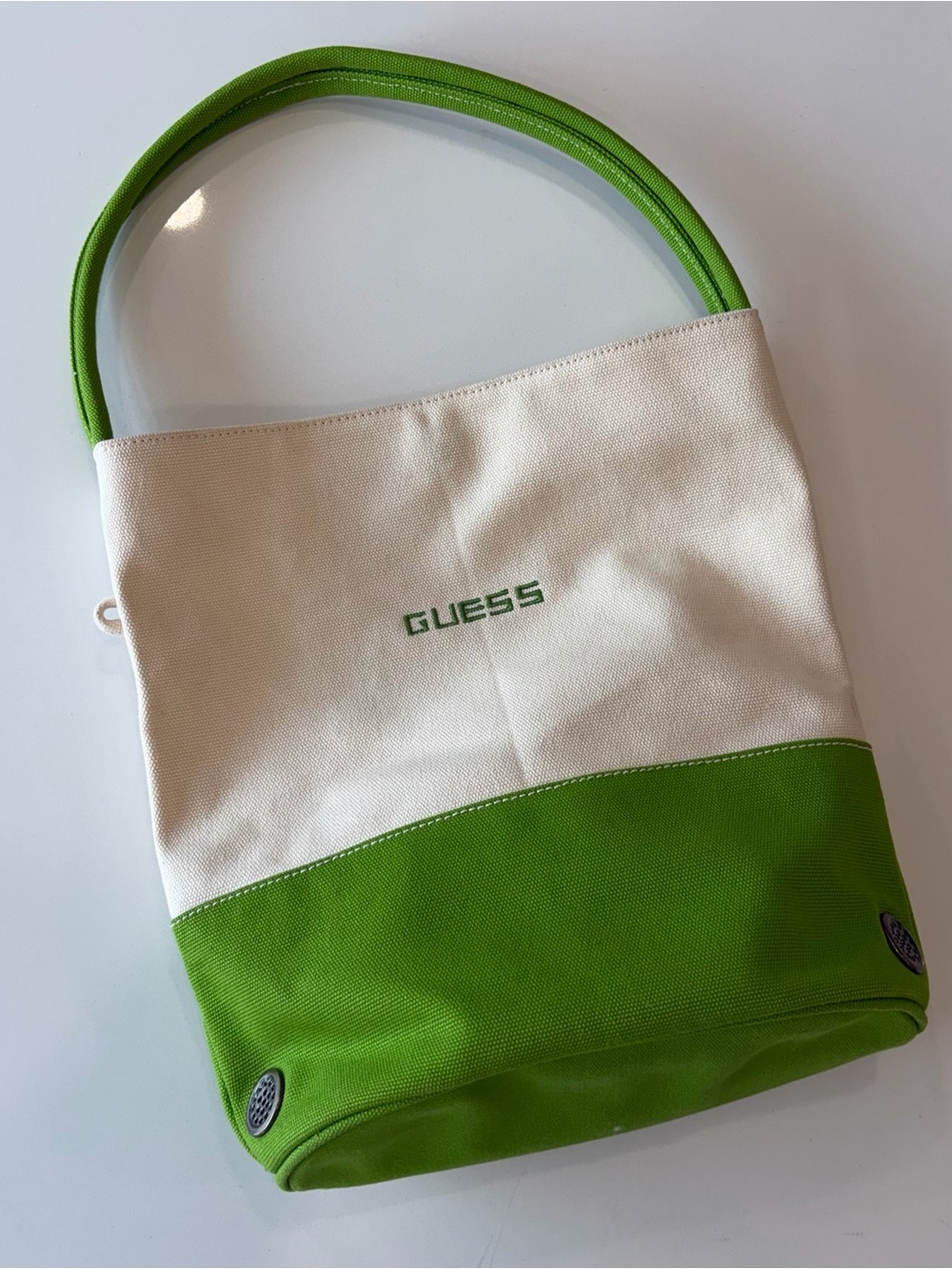 GUESS Y2K Two-Tone Green & Cream Canvas bucket Tote